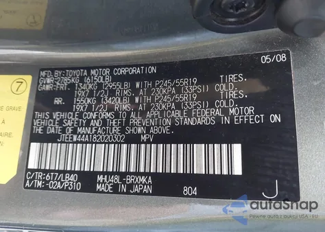 2008 Toyota Highlander Hybrid Limited z USA, uszkodzony, nr VIN JTEEW44A182020302